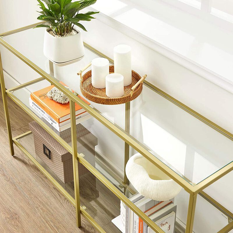 Contemporary Console Table with 3 Shelves - Metal Frame, Tempered Glass, Ideal for Bedroom