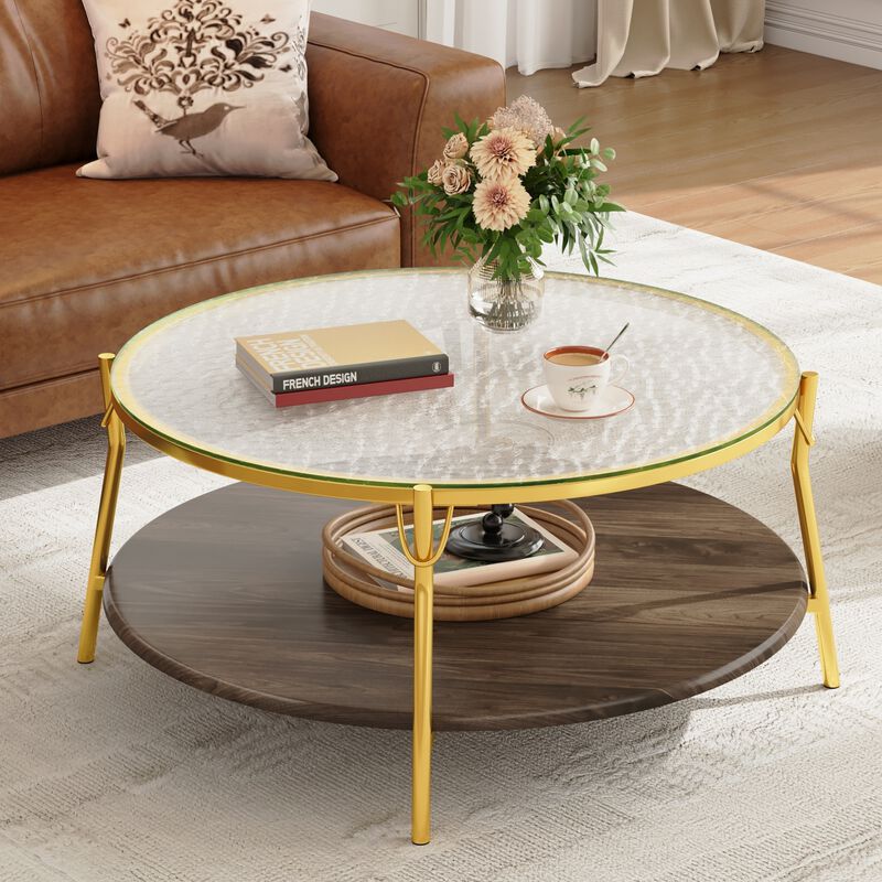 GOODSILO Modern Round Two-Tiered Coffee Table with Glass Top and Gold Metal Base for Contemporary Living Room D&eacute;cor image number 7