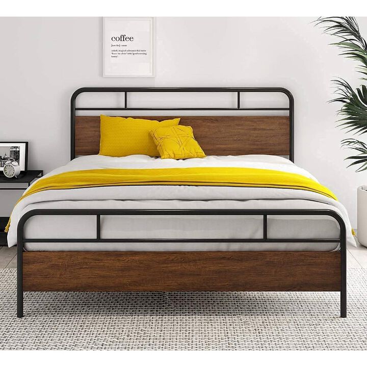QuikFurn Queen Size Industrial Metal Wood Platform Bed Frame with Headboard and Footboard