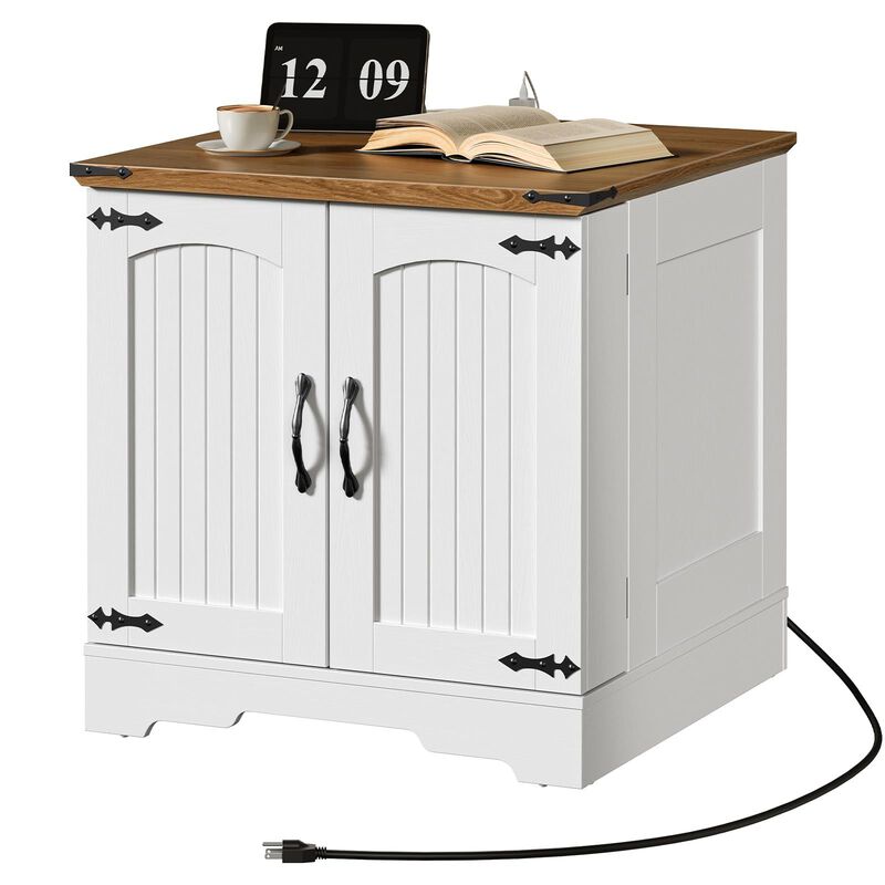 Farmhouse Nightstand with Charging Station, Large End Table with Storage image number 4