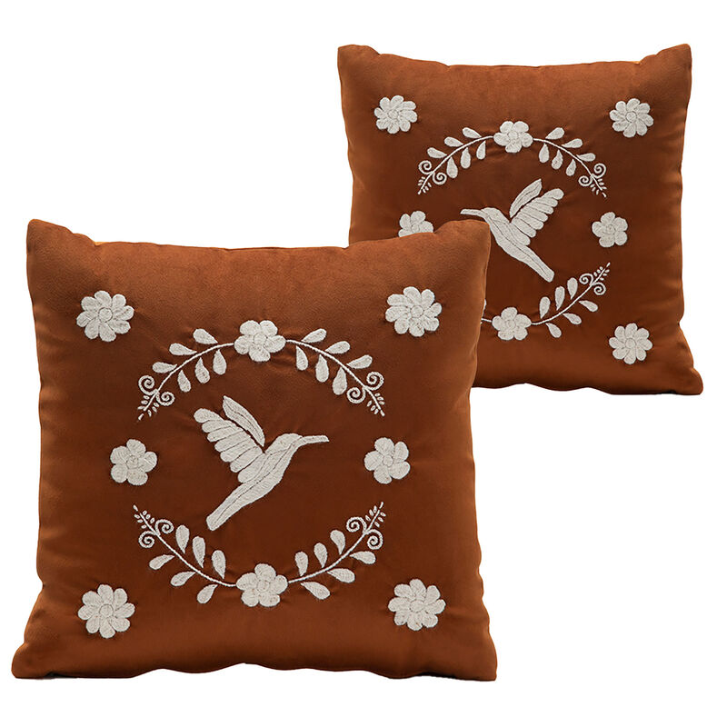 COLIBR&Iacute; Hand Embroidered Decorative Pillows in Terracota Velvet by ANDEAN, Set of 2, In Stock