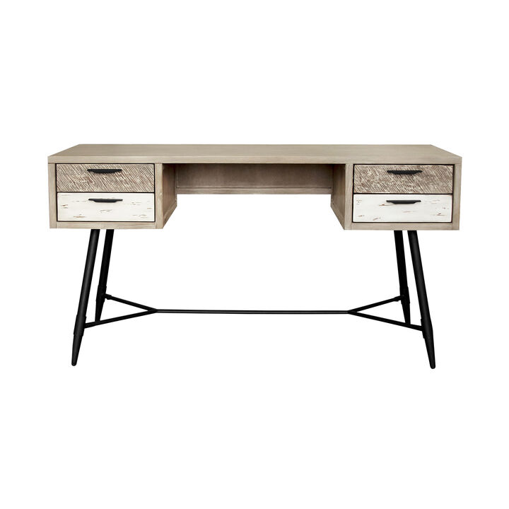 Aliz 55 Inch Modern Acacia Wood Office Desk, 4 Drawers, Metal Legs, Brown-Benzara