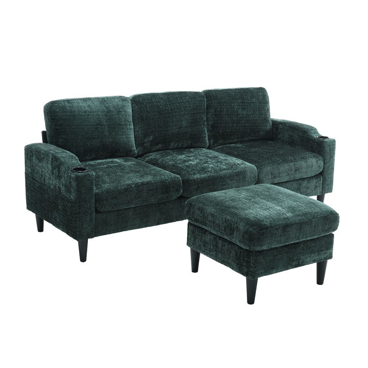 Sofa for three, solid wood frame, Chenille fabric, side pocket, with two cup holders, footstool with storage sofa