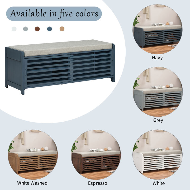 Whisen Distressed Shutter Storage Bench with Acacia Veneer for Living Room, Entryway - Gray