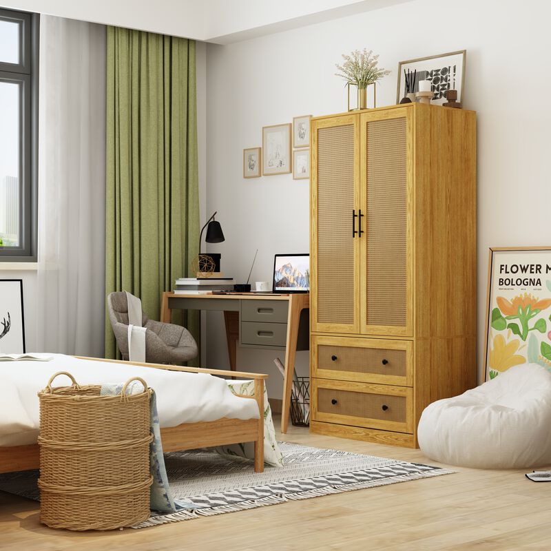 Brown Wooden Grain 31.4 in. Width Wooden Wardrobe, Armoire with 2-Tier Drawers and Hanging Bar