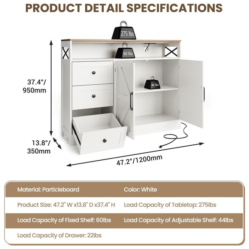 47" Farmhouse Buffet Sideboard Cabinet, Wood Cupboard Storage Pantry Cabinet with Drawers, Coffee Bar Station, White image number 5
