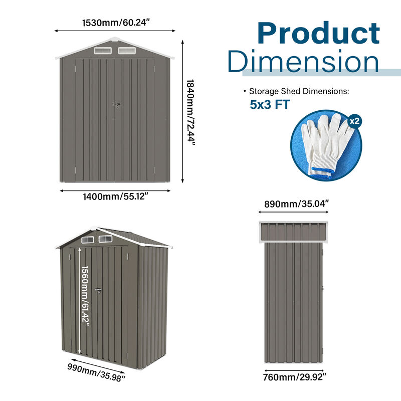 5X3 FT Metal Outdoor Storage Shed with Peaked Roof image number 3