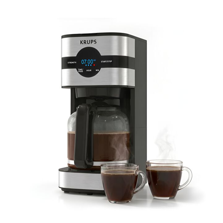 KRUPS Simply Brew 10-Cup Programmable Coffee Maker, 900W Digital Drip Machine with Glass Carafe & Reusable Filter, Stainless Steel, Silver/Black