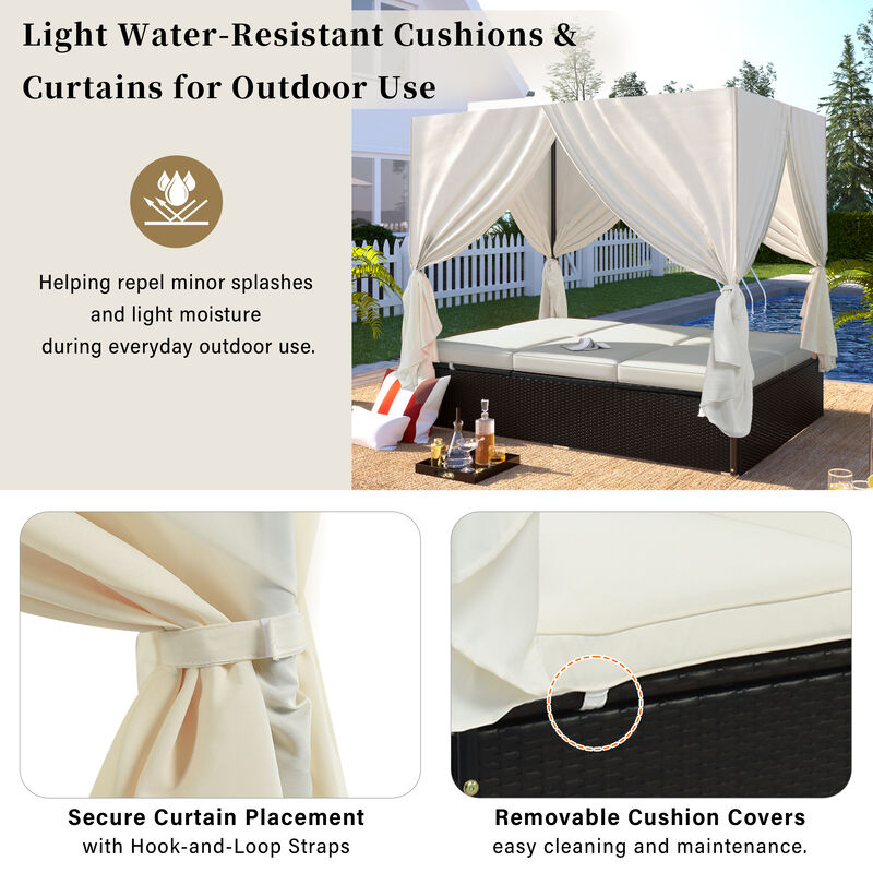 Merax Patio Daybed with 2 Separate Cushions, Adjustable Recline, Curtains for Sun Blocking image number 6