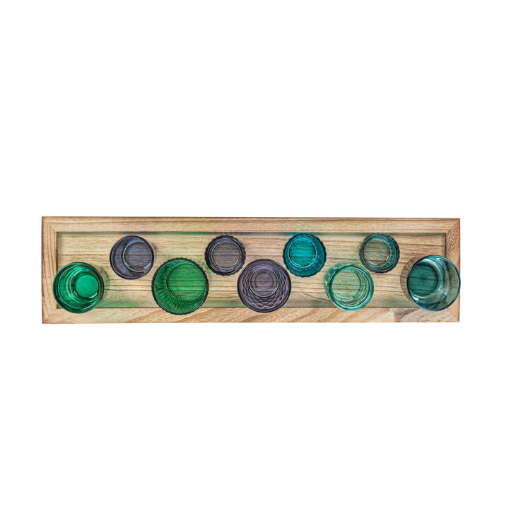 9-Piece Blue and Green Glass Votive Holders on Wood Tray, Multicolor