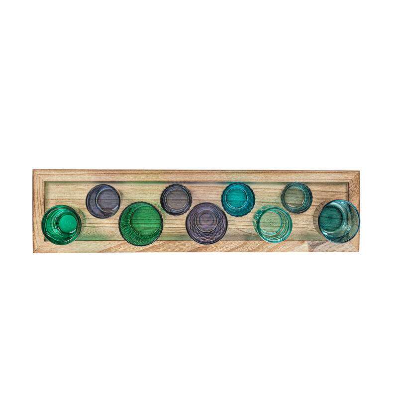 9-Piece Blue and Green Glass Votive Holders on Wood Tray, Multicolor image number 1
