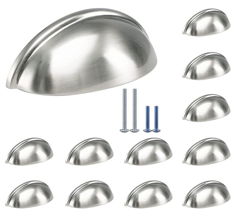 HOMOTEK 12 Pack Drawer Bin Cup Pulls Dresser Pulls for Cabinets Shiny Bright Brushed Satin Nickel - 3 Inch Hole Centers Furnitur