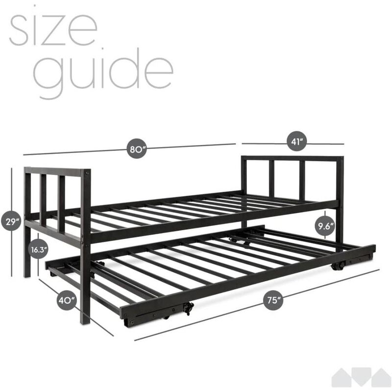 Hivvago Twin Heavy Duty Black Metal Daybed Frame with Roll-Out Pop-Up Trundle Bed Frame