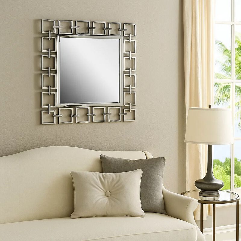 Modern Style Metal Openwork Square Framed Mirror, Silver image number 6