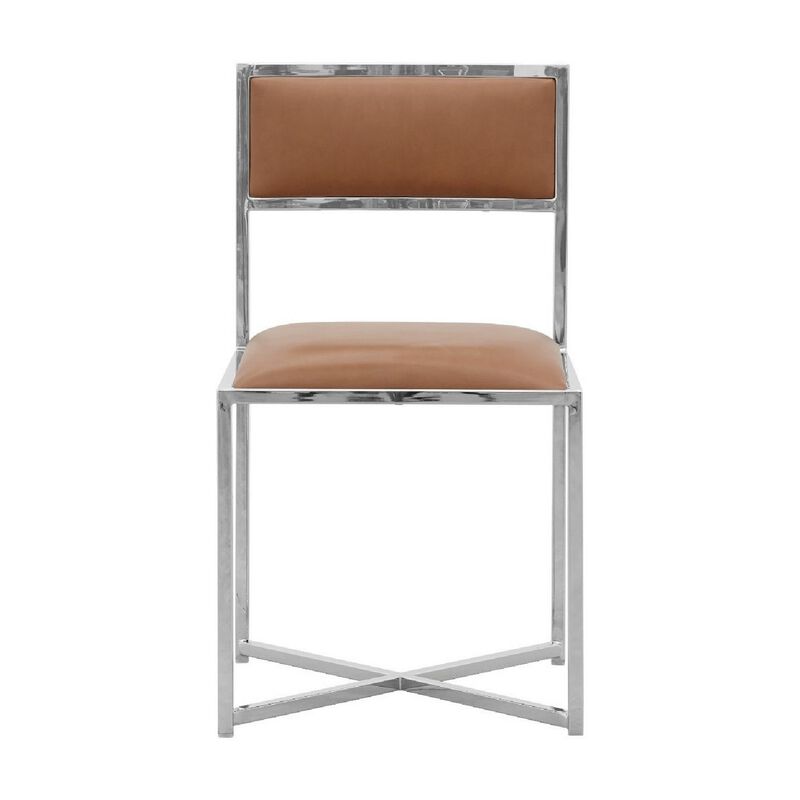 Eun 20 Inch Vegan Faux Leather Dining Chair, Chrome Base, Set of 2, Brown-Benzara image number 2