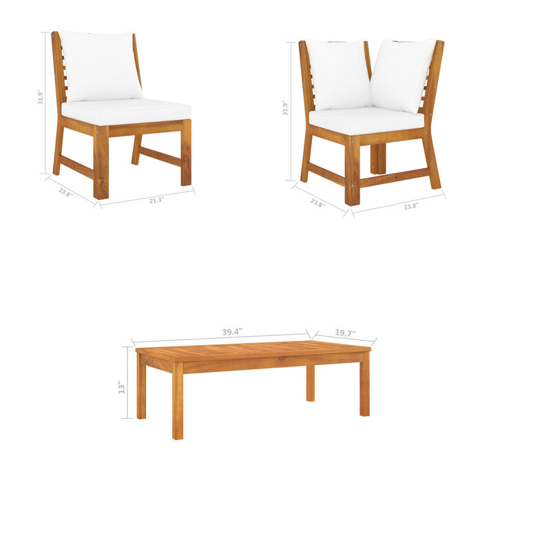 Roma 3pc Modular Outdoor Sofa and Table Set, Solid Acacia Wood, White - Benzara