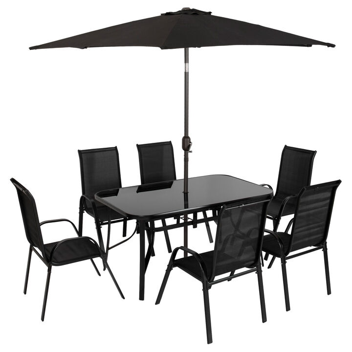 Outsunny 8 Pieces Patio Furniture Set with 9Ft Patio Umbrella, Outdoor Dining Table and Chairs, 6 Chairs, Push Button Tilt and Crank Parasol, Tempered Glass Top, Black