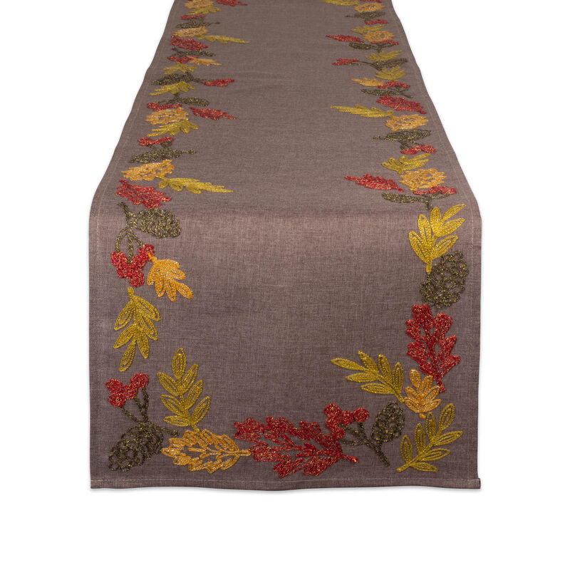 70" Brown and Red Shimmering Leaves Embellished Table Runner image number 1