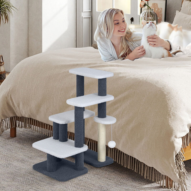 Cat Tree Tower 2-in-1 with Scratching Posts, Cat Stairs, and Hanging Toy Ball-Grey image number 4