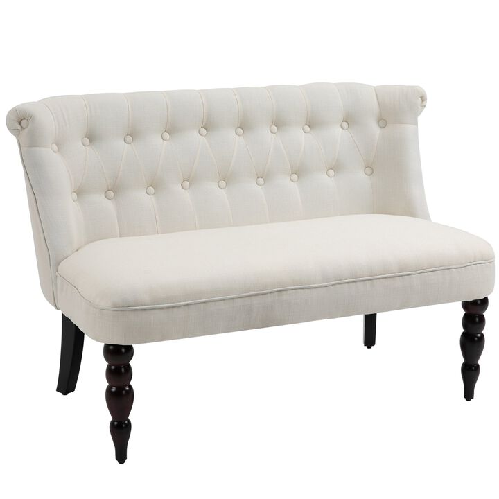 Upholstered Armless Fabric Loveseat with Button Tufted Design for Living Room with Wood Legs, Cream White