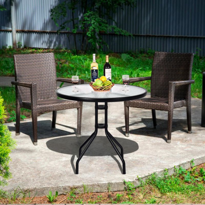 Hivvago 32 Inch Outdoor Patio Round Tempered Glass Top Table with Umbrella Hole