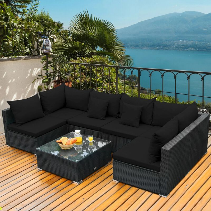 Mondawe 7 Pieces Sectional Wicker Furniture Sofa Set with Tempered Glass Top Coffee Table