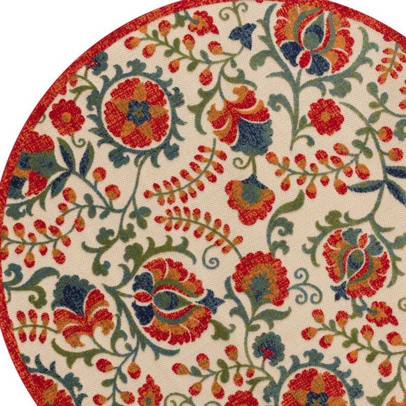 HomeRoots 5' Red Gold Teal Blue And Green Round Floral Indoor Outdoor Area Rug image number 2