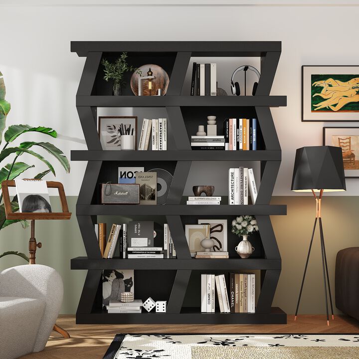 FUFU&GAGA Modern 5-Tier Zigzag Bookcase with Open Shelves (63.8&rdquo; H x 51.2&rdquo; W x 12.2&rdquo; D),Black