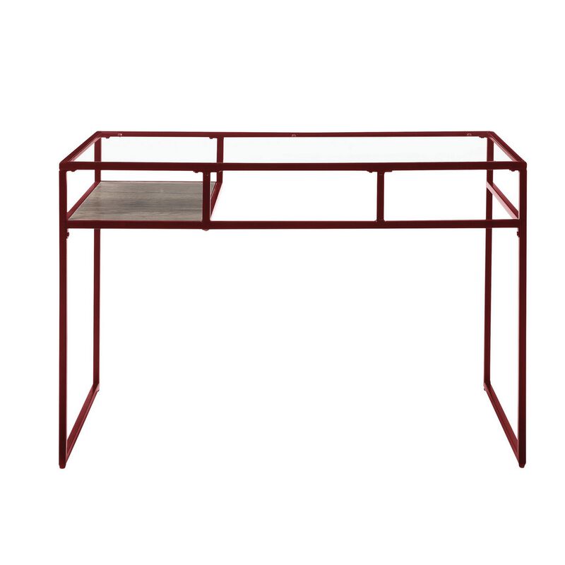 Rectangular Glass Top Desk with Open Compartment and Sled Base, Red-Benzara image number 2