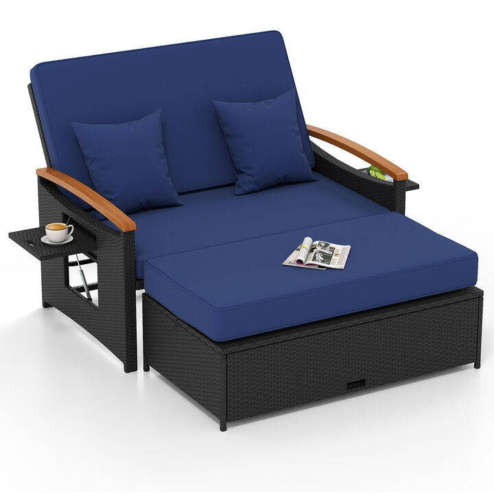 Wicker Outdoor Daybed with Folding Back Panels and Storage Ottoman
