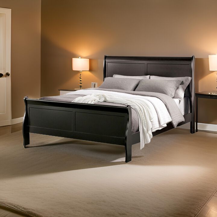 Ryla Queen Size Bed, Classic Sleigh Panel Headboard, Black Solid Wood - Benzara