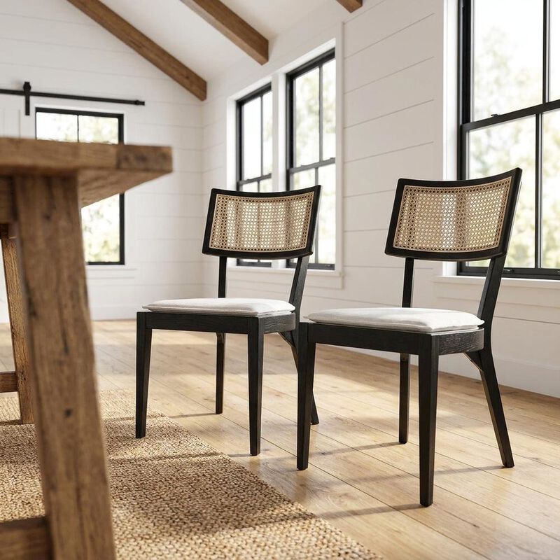 Fabric-Upholstered Wood Dining Chairs, Black White, Set of 2 image number 4