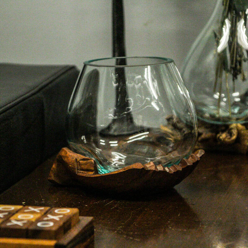 Blown Molten Glass and Carved Wood Hands Decorative Bowl image number 7
