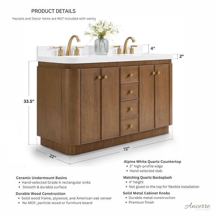 Aston 72 inch Bath Vanity Set in Chestnut Oak Finish with Alpine White Quartz Top