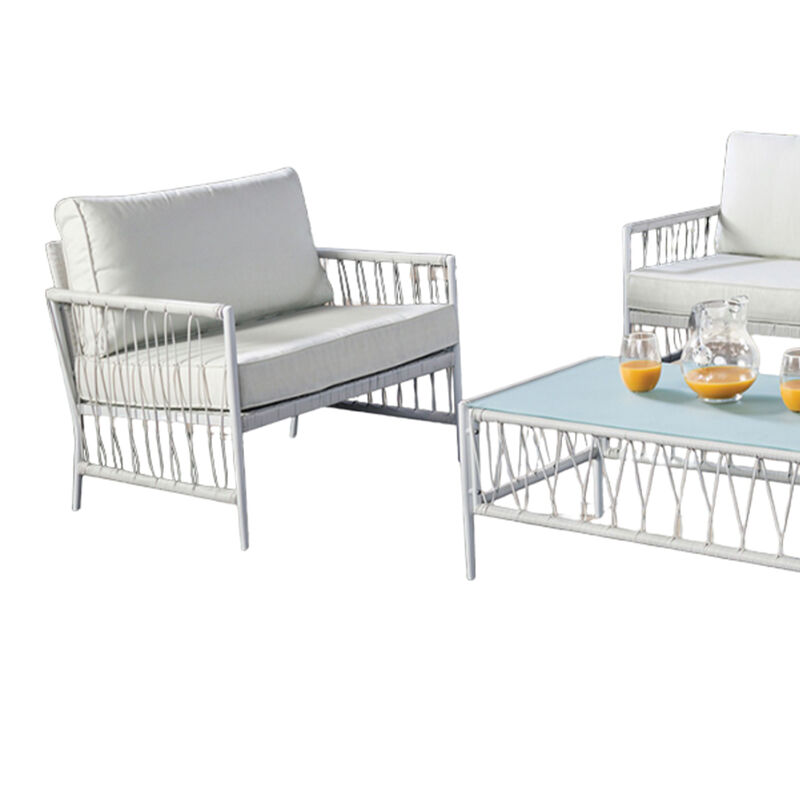 Hema 4 Piece Patio Set with 2 Chairs, Table, and Sofa, White Fabric, Metal - Benzara