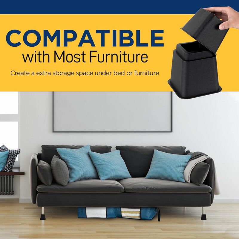 Furniture Riser Set - 4 Pieces Non-Slip Design Furniture Leg Riser fits with Bed, Chair, Table, Sofa, Desk, and Couches - Black