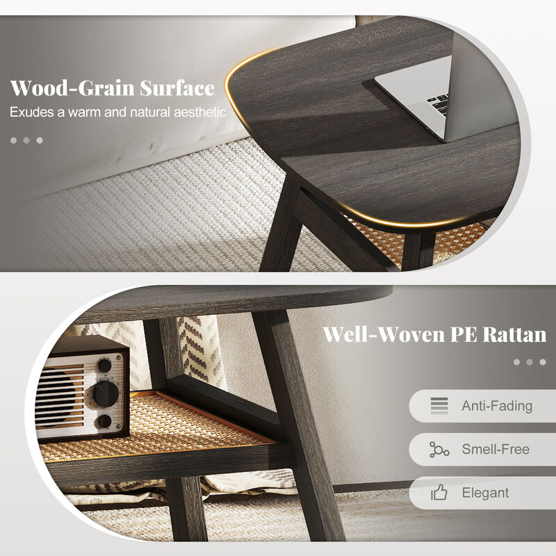 2-Tier Rectangular Center Coffee Table with Rattan Storage Shelf and Rubber Wood Legs