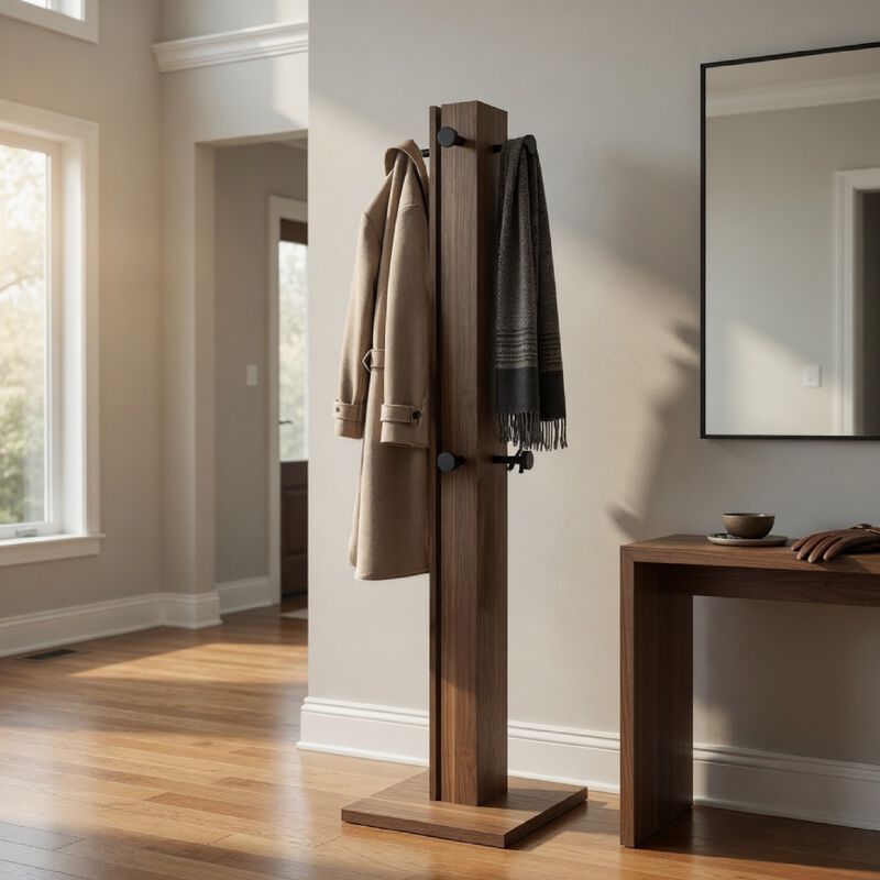 Rinki Coat Rack, 8 Metal Hooks w Wood Caps, Walnut Brown Plinth 72 Inch image number 8