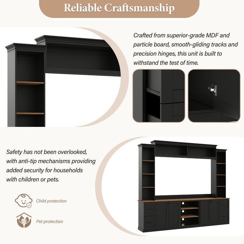 Merax Curved TV Stand with 4 Drawers, 2 Cabinets & 8 Adjustable Shelves &ndash; Walnut Finish image number 7