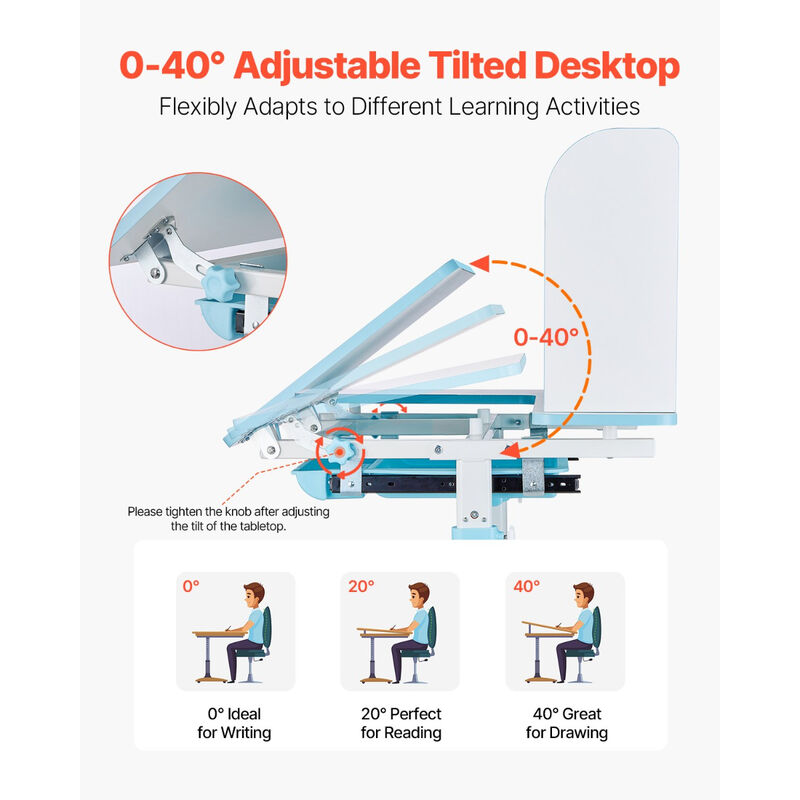 Kids Study Chair and Desk with Bookshelf Drawer Adjustable Height for Learning