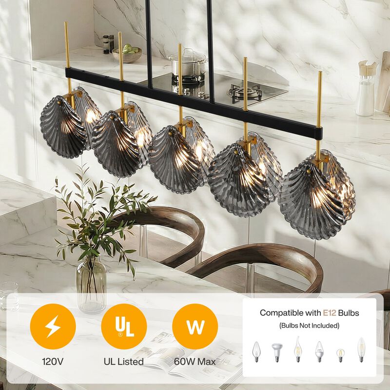 Five-Light Linear Chandelier, Smoky Gray Shell Glass, Black and Gold image number 8