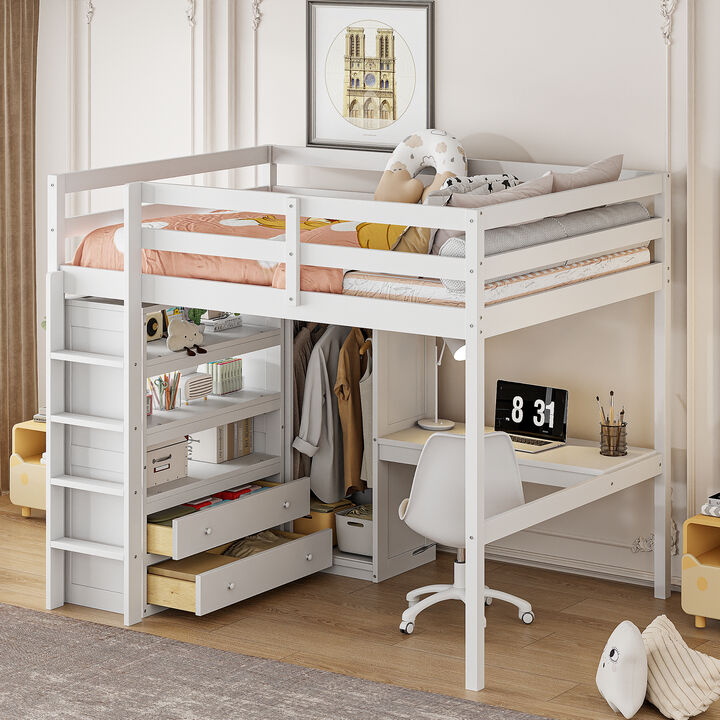 Whisen Full Size Loft Bed with Wardrobe, Desk & Drawers, Solid Wood, for Bedroom