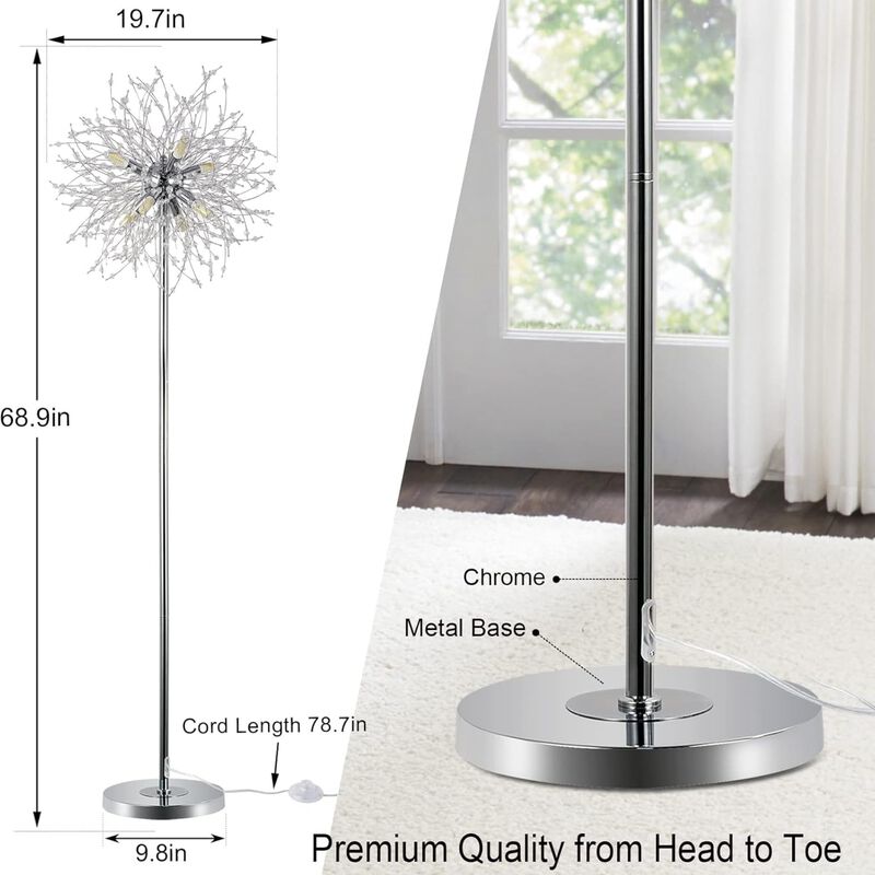 ELEMENT ACE Elegant 69 Inch Tall Crystal Standing Floor Lamp with 8 Lamp Heads, 32 Firework Crystal Accents, Sturdy Metal Base for Living Room Bedroom Home Decor image number 2
