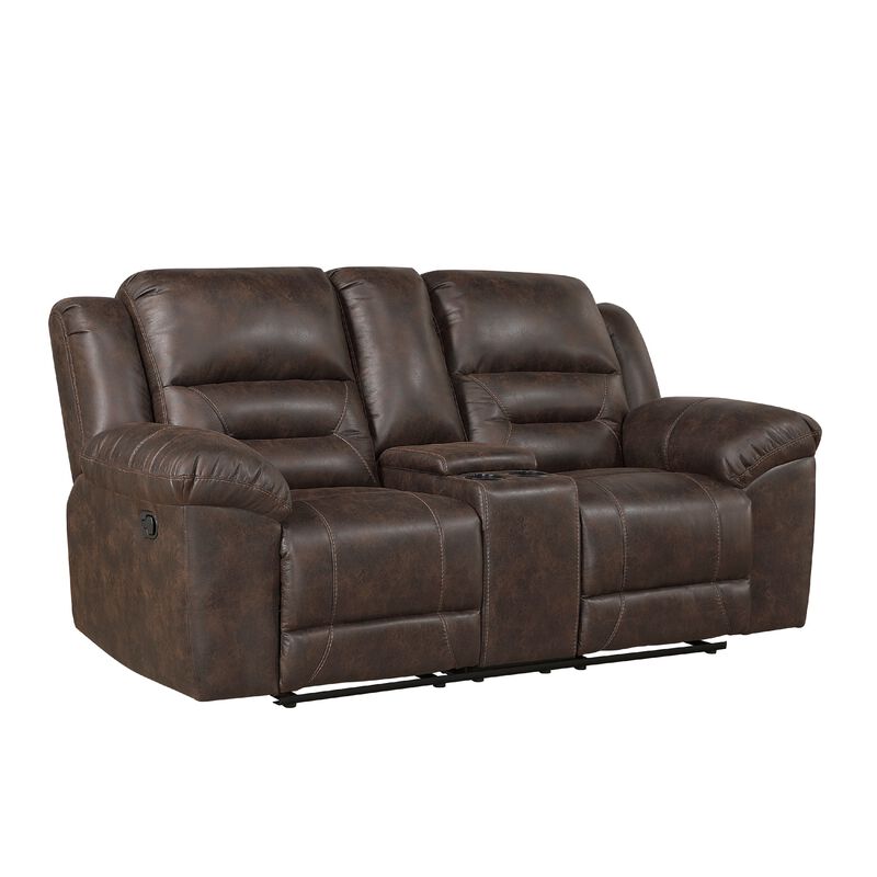 Henry Manual Double Reclining Loveseat, Console, Dark Brown Microfiber - Benzara