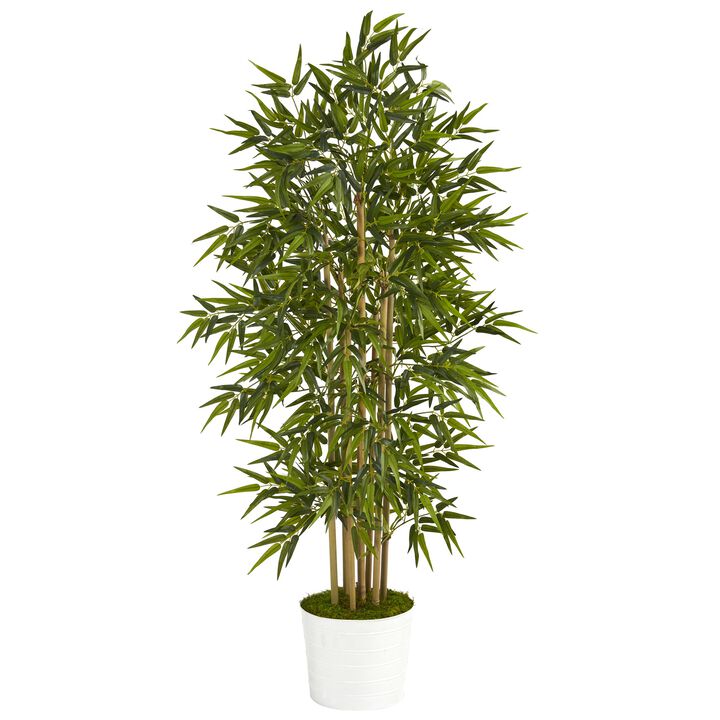 HomPlanti 64 Inches Bamboo Artificial Tree in White Tin Planter