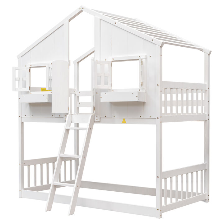 Whisen Twin over Twin House Bunk Bed with Roof, Window, Window Box, Door, with Safety Guardrails and Ladder - White