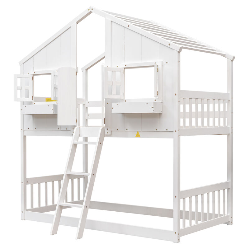 Whisen Twin over Twin House Bunk Bed with Roof, Window, Window Box, Door, with Safety Guardrails and Ladder - White