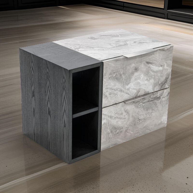 Noe Minn 26 Inch Nightstand, 2 Drawers, Faux Marble Front Panels, Gray - Benzara