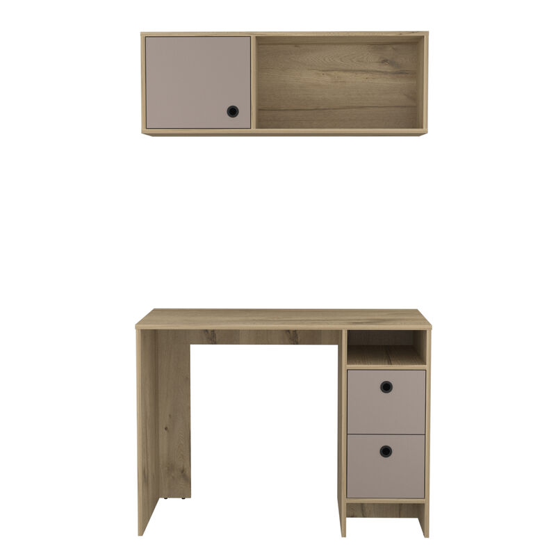 DEPOT E-SHOP Aramis Office Set, Two Drawers, Wall Cabinet, Single Door Cabinet, Two Shelves , Light Oak /Taupe