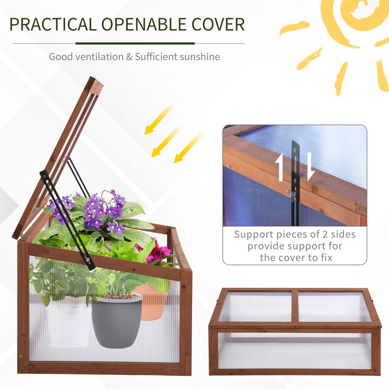 Greenhouse Wooden Polycarbonate Cold Frame Grow House Outdoor Raised Planter Box Protection, PC Board, Brown, 39" x 26" x 16"
